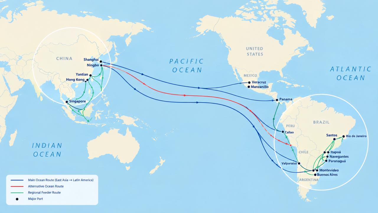 Shipping from China to latin-America Map